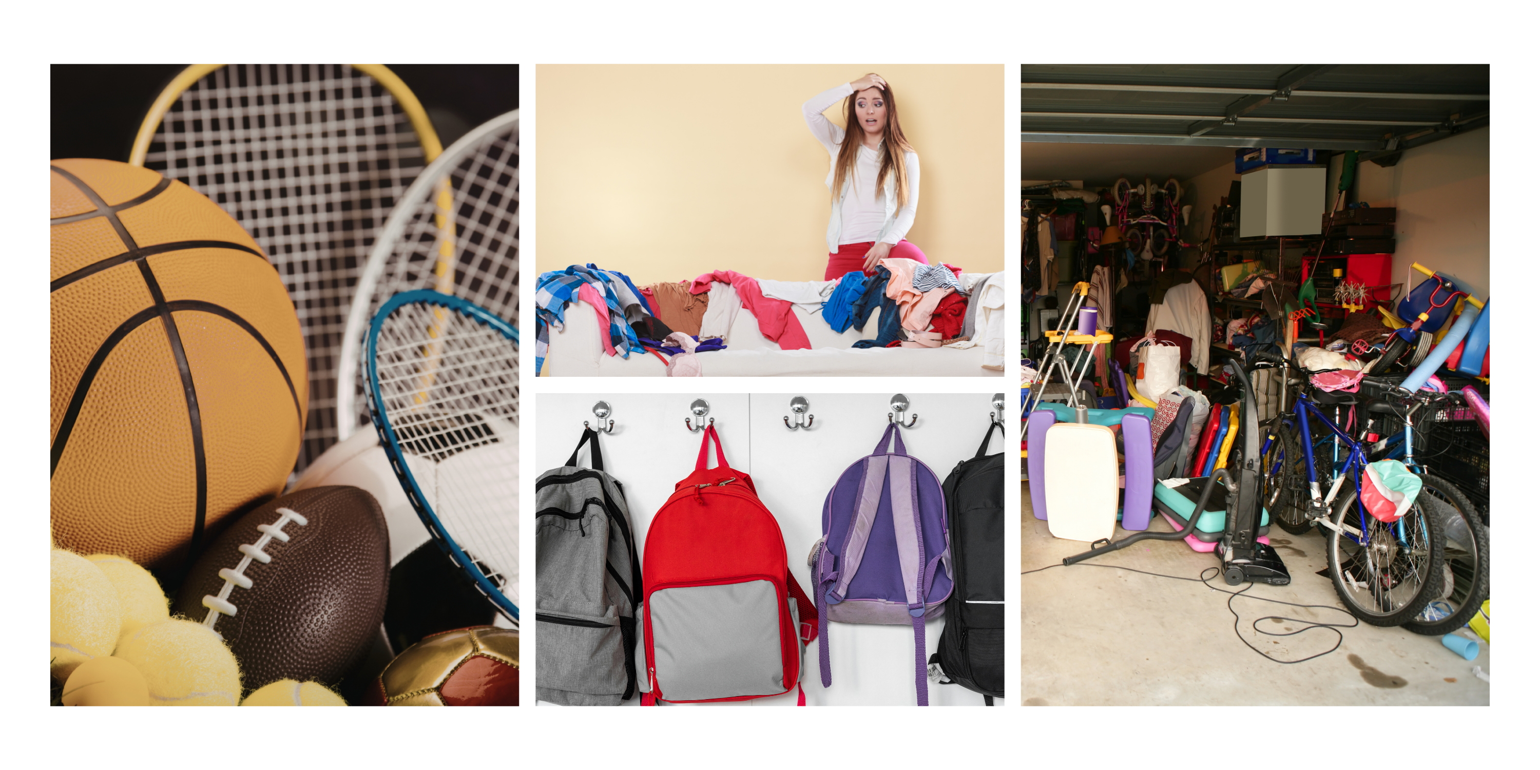 Sports equipment, backpacks, and a cluttered garage showing how family life and activities can quickly fill a home.